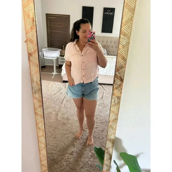 Lola River Linen Tencel Blend Blush Cropped Button Up L - Picture 7 of 9